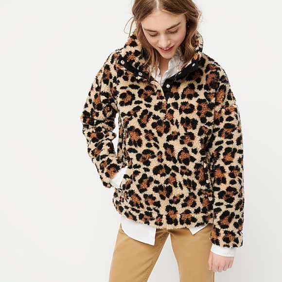J. Crew Tops - NWT J. Crew Snap-Collar Sherpa Sweatshirt Leopard
